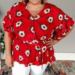EUC Vibrant Red Blouse with Florals Fits 16-22